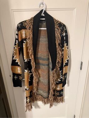 Fringe Open-Front Aztec Cardigan Sweater